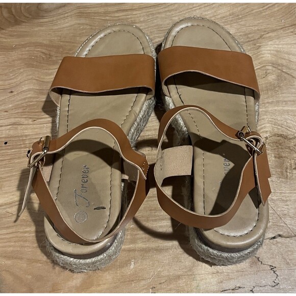 FOREVER 21 Brown Suede Wedge Platform Jute Strap Sandals Open Toe Women Sz 6.5 - Picture 1 of 10